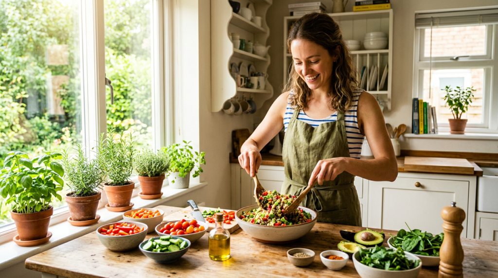 Person happily preparing a healthy meal to support fat loss