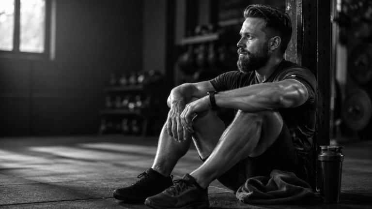 Person resting between sets on a gym floor, calm and focused, showing the connection between mental health and fitness