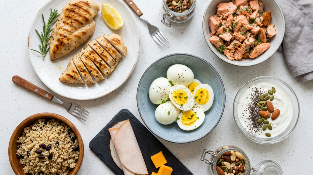 Grilled chicken, boiled eggs, cooked salmon, turkey slices, quinoa, yogurt with seeds and nuts, and mixed nuts