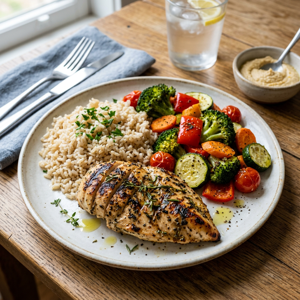 Grilled chicken breast with brown rice and roasted vegetables including broccoli, carrots, zucchini, cherry tomatoes, and red bell peppers
